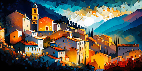 Wall Mural - Abstract painting concept. Colorful art of a small french village in the Alps. Generative AI.