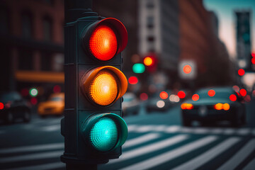 Close-up of a traffic light on street. Generative AI