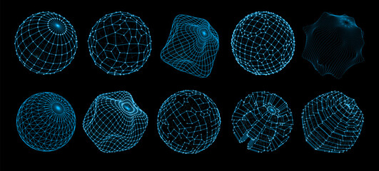 3d futuristic sphere shapes. planet globe mesh hologram, round particle, energy shield virtual wiref