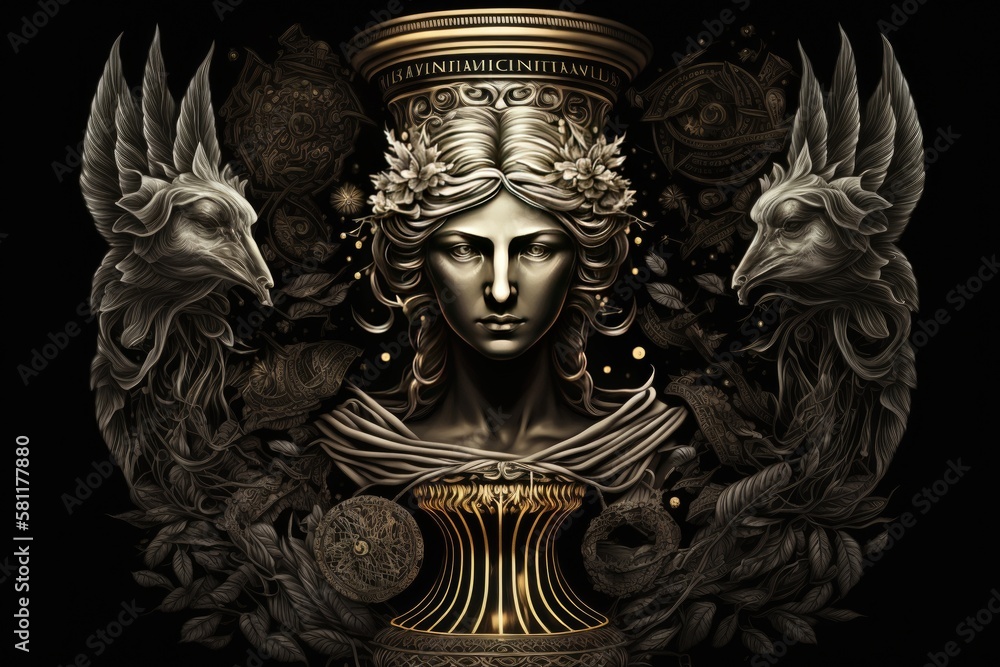 Artemis Greek Mythology God Black Gold Vase by Generative AI Stock