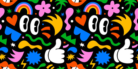 Wall Mural - colorful retro cartoon eye seamless pattern illustration. funny character art background with bright