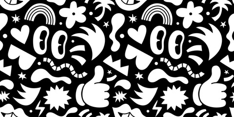 Wall Mural - black and white retro cartoon doodle seamless pattern illustration. funny character art background w