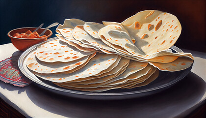 Wall Mural - Golden-brown flatbreads stacked on a dark background, with hints of char marks and steam rising from the freshly cooked bread, generative ai