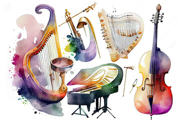 Wall Mural - Watercolor Set with Music Instruments. Harp and Guitar for invitations to the music day. Generative Ai