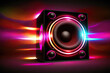 © Lazy_Bear - Sound speakers on dark background with neon lights. Set for listening music. Glowing audio equipment. Created with Generative AI