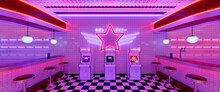 Retro Diner Interior With Tile Floor, Neon Illumination, Vintage Arcade Machine And Bar Stools. 3d Illustration.