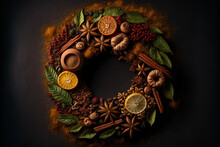 Christmas Wreath Of Delicious Mulled Wine Spices And Herbs On Dark Background. Top View, Generative AI Illustration.