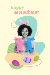 Poster - Exclusive magazine picture sketch collage image of smiling happy lady buying easter gifts decorations isolated painting background