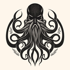 Sticker - Black and White Kraken,Cthulhu,Octopus Silhouette Ornament Vector Art for Logo and Icon