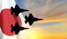 Silhouette Of Military Aircraft Against The Sunset With Japan Flag. EPS10 Vector