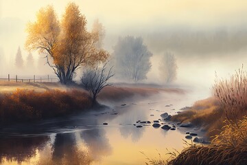 Canvas Print - foggy autumn landscape with slow river haze over river, created with generative ai