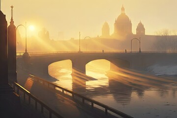 Canvas Print - light, sunlit early morning view of river in city from bridge with haze over river, created with generative ai