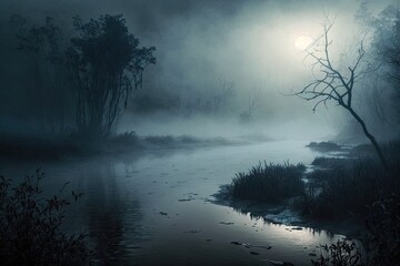 Canvas Print - dark mist over calm water of slow flowing river haze over river, created with generative ai