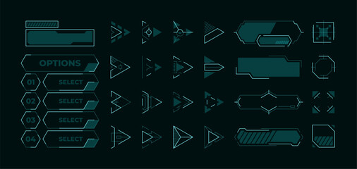 Futuristic menu elements. HUD buttons frames arrows and cursors for start screen game or application, neon UI asset. Vector isolated set. Selecting options, modern isolated borders