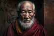 Portrait, elderly tibetan monk, looking at camera with serious expression. Ai Generative.