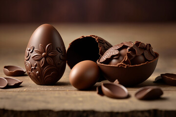 Wall Mural - Delicious Chocolate Chunks easter egg chocolate details and truffles with cocoa powder ornament