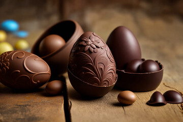 Wall Mural - Delicious chocolate easter egg chocolate details and truffles with cocoa powder ornament