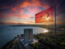 Canakkale - Turkey, Gallipoli Peninsula, Where Canakkale Land And Sea Battles Took Place During The First World War. Martyrs Monument And Anzac Cove. Photo Shoot With Drone In Sunset Landscape.