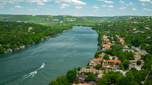 Austin, Texas / USA - May 20 2020: Lake Austin On The Colorado River In Austin, Texas - Mt Bonnell Lookout Over Lake