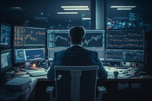 Trader Doing Analysis And Trading Behind Multiple Screens Showing Charts And Statistics. Stock, Crypto Or Forex Financial Market.