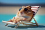 Fototapeta  - Cute hamster relaxing on a sun lounger near a pool. Generative ai
