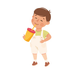 Sticker - Little Boy Drinking Sweet Soda with Happy Face Enjoying Sugary Treat Vector Illustration