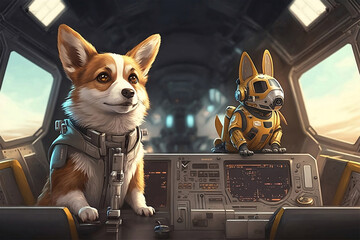 Pilot captain corgi and her best friend copilot robot inside the cockpit. Generative AI