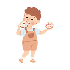 Sticker - Little Boy Eating Sweet Donuts with Happy Face Enjoying Sugary Treat Vector Illustration