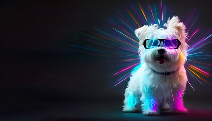 White dog in virtual glasses. AI generated