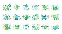 Ecology And Renewable Energy Icons Set. Alternative Energy Sources, Power Industry Green Signs Vector Illustration