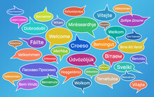 Colorful Vector Illustration With The Word Welcome Translated Into European Languages On A Blue Background