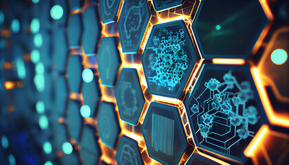 A sterile, white, microscopic, futuristic scene filled with hexagons containing snippets of glowing computer codes and circuitry Beautiful colors and details - Generative AI