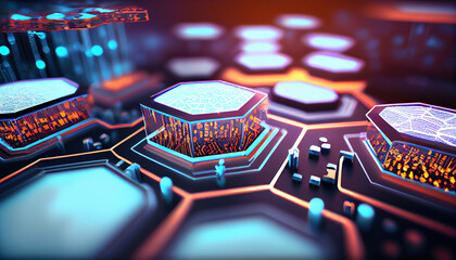A sterile, white, microscopic, futuristic scene filled with hexagons containing snippets of glowing computer codes and circuitry Beautiful colors and details - Generative AI