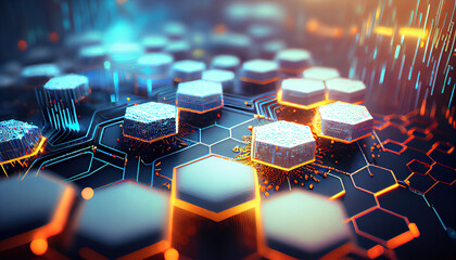 A sterile, white, microscopic, futuristic scene filled with hexagons containing snippets of glowing computer codes and circuitry Beautiful colors and details - Generative AI