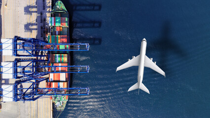 Aerial drone top down concept photo of container terminal and plane flying above indicating popular cargo means of transport