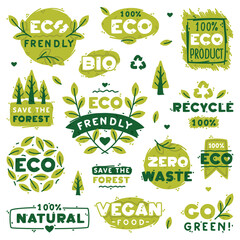 Wall Mural - Ecology Badges and Green Eco Labels for Bio and Organic Product Vector Set