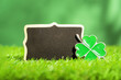 Happy St Patricks Day mockup black wooden plaque or notice board for text with shamrock. Four leaf clover in vibrant green color. Save the date 17 March