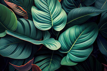 Closeup Nature View Of Green Monstera Leaf And Palms Background. Flat Lay, Dark Nature Concept, Tropical Leaf
