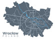 Urban Wroclaw map. Detailed map of Wroclaw, Poland. City poster with streets and Odra River. Dark fill version.
