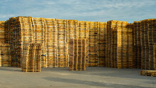 Stack Of Wooden Pallets In Industrial Pallet Yard - Logistics Pallet
