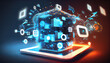 © Oppilamani - A virtual Smart Device with icons and connection line for data exchange from globalization innovation technology Digital contents concept Communication network - Generative AI