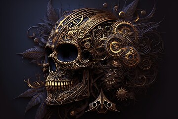 Wall Mural - Cogwheels of Imagination: Stunningly Dark Steampunk Skull Illustration Generative AI