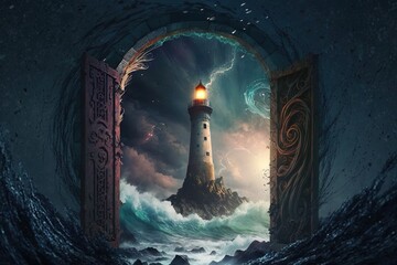 Wall Mural - Mystic Portal to the Unknown – Journey to an Amazing Fantasy Lighthouse Generative AI