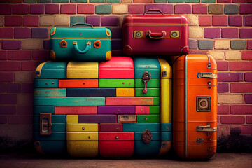 Sticker - Luggage stack on old brick backdrop, travel adventure ,generative AI