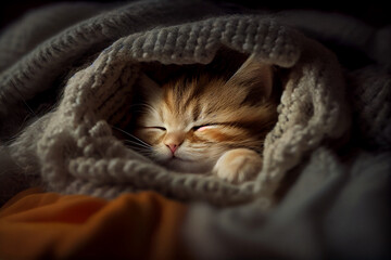 Sticker - Cute kitten with striped fur sleeping on blanket ,generative AI