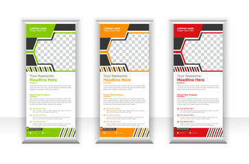 Attractive and abstract rollup banner design for professional business in three color variation in creative concept.