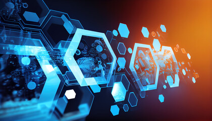industrial, industry software, website banner, commercial, several translucent hexagon, orange blue 