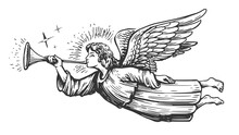Christmas Angel Flying And Trumpet On Pipe. Religious Holiday. Hand Drawn Illustration In Vintage Engraving Style