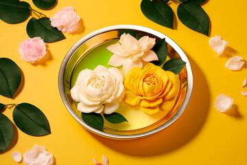 Beautiful thai traditional rose in water bowls on yellow background. Water in bowl mixed with perfume and flower for Songkran Festival Thailand. Generative AI