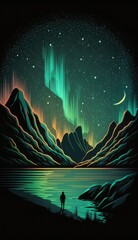 Canvas Print - Iullustration of landscape under northern lights, made with generative ai